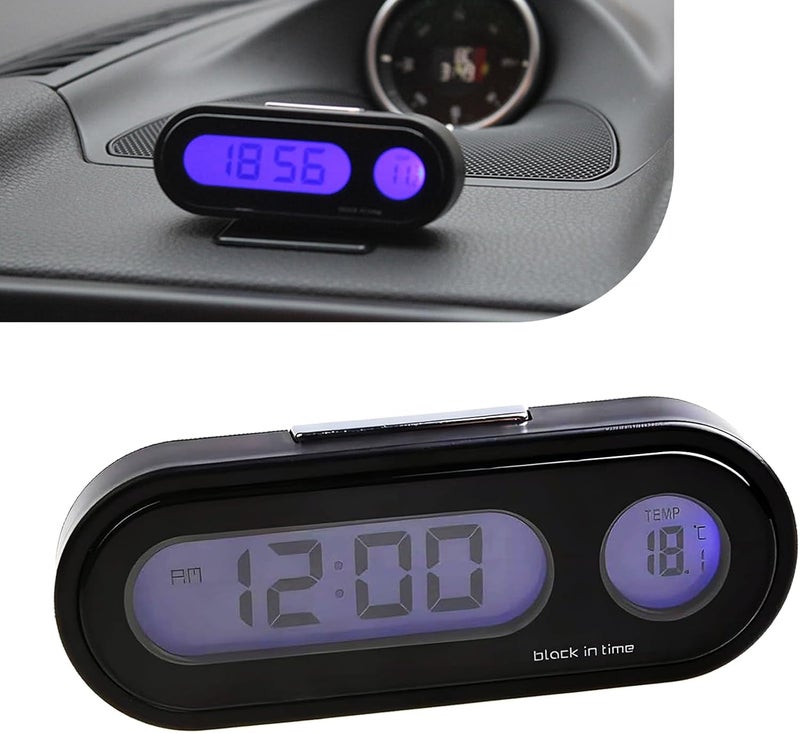 MLY 1 PC 2-in-1 Car Digital Clock & Thermometere Display, Blue Backlight LED Dashboard with Adhesive Mount, Universal Small Digital Clock Power Operated for Vehicles & Home Use (Black) - Image 1
